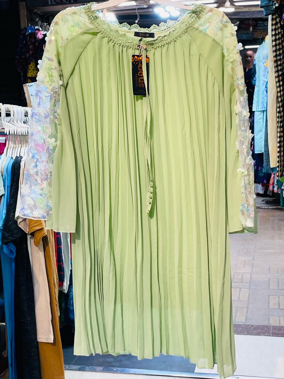 Women's Light Green Pleated Top with Floral Lace Sleeves