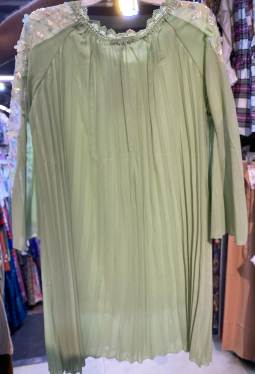 Women's Light Green Pleated Top with Floral Lace Sleeves