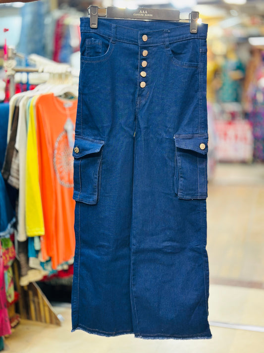 High-Waisted Power Stretch Denim Cargo Pants